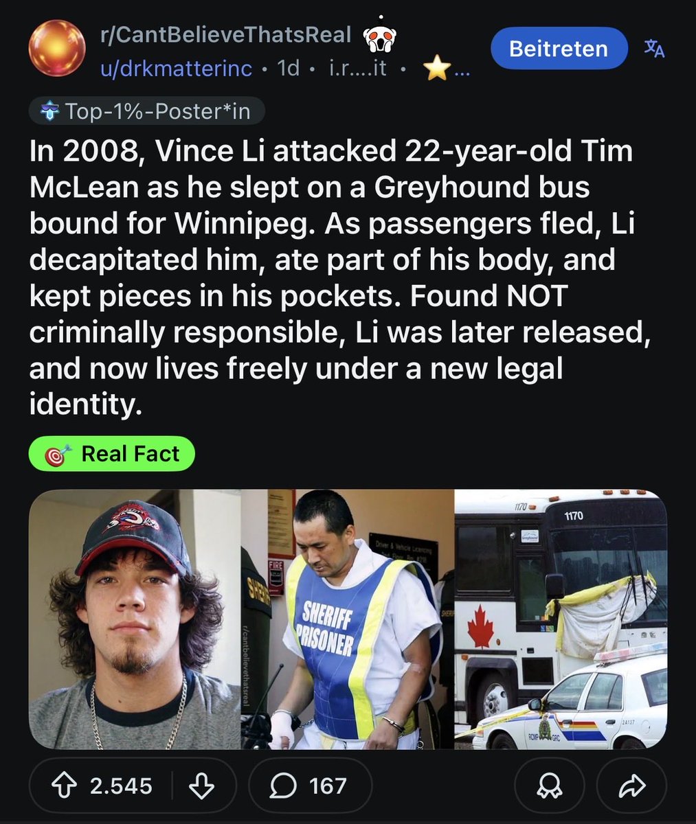 JpFinanzen's tweet photo. Did you know that Vince Li, a psychotic schizophrenic Chinese murderer and cannibal, who severed the head of Tim McLean &amp; ate parts of his body got released because two people ordered it?

Their names are Jeffrey Waldman (psychiatrist) &amp; Alan Libman (Lawyer). Ashkenazi names. https://t.co/JAVJCixBN9