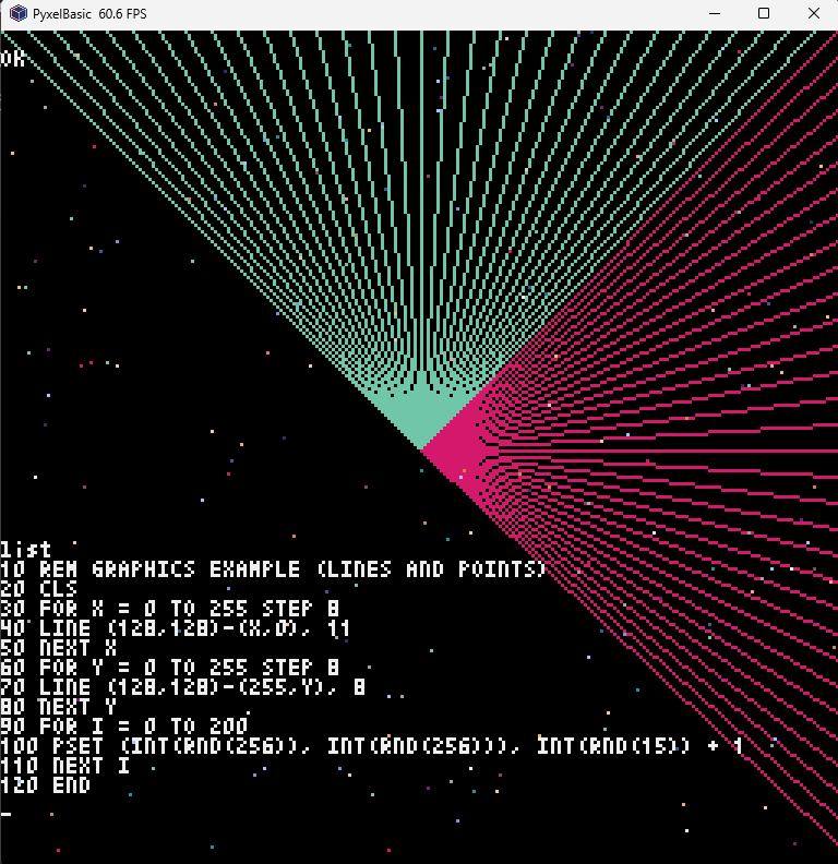 T_take_shi's tweet photo. Pyxelの上で動く、BASICインタープリタ―を作りました。名付けて「PyxelBasic」
フルスクリーンで編集し、行番号で記述するレトロなスタイル
あの頃を懐かしむもよし、がっつりプログラミングするのも良し。
https://t.co/YdlNyD89jl
#Pyxel #BASIC #個人開発 #PyxelBasic https://t.co/ZXrpOPEwkx