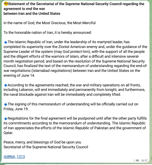 lookner's tweet photo. Statement from Secretariat of Iran's Supreme National Security Council. Says "According to the agreements reached, the war and military operations on all fronts, including Lebanon, will end immediately and permanently from tonight, and furthermore, the naval blockade against Iran will be immediately and completely lifted." Signing will be Friday. "Negotiations for the final agreement will be postponed until after the other party fulfills its commitments according to the memorandum of understanding."