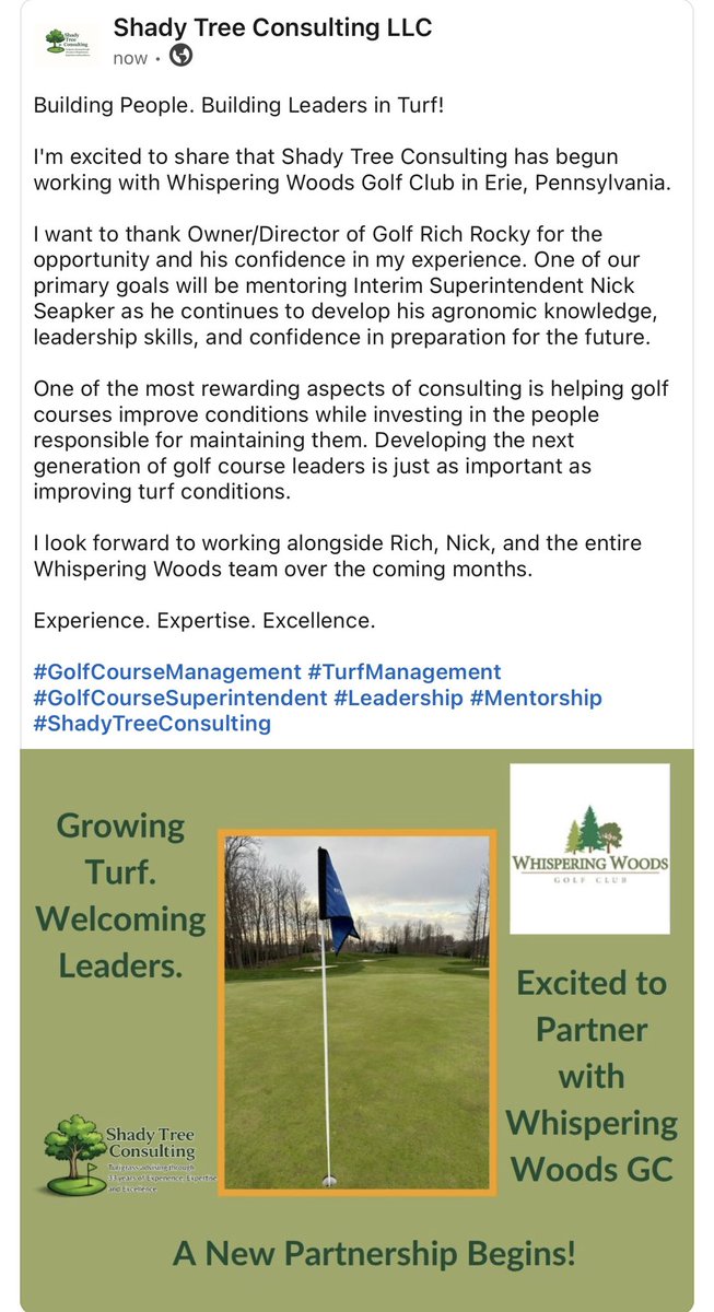 RickPagett's tweet photo. Excited to welcome Whispering Woods Golf Club to Shady Tree Consulting. Looking forward to partnering with owner Rich Rocky and mentoring Nick Seapker throughout the season. Here's to continued growth and success! ⛳ #GolfIndustry #Leadership #ShadyTreeConsulting https://t.co/3wuc3wsHuj