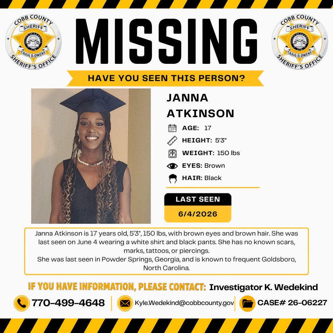CobbSheriff's tweet photo. 🚨 MISSING/RUNAWAY 🚨
Help us locate 17-year-old Janna Atkinson. She is 5'3", 150 lbs, with brown eyes and brown hair. Last seen June 4 in Powder Springs wearing a white shirt and black pants. Known to frequent Goldsboro, NC.
If you have information, call 770-499-4648. https://t.co/jDA21YKbAo