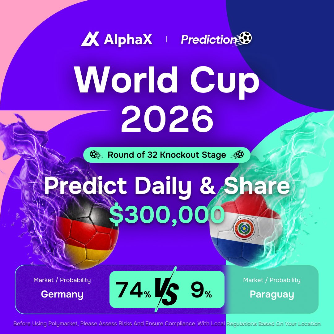 AlphaX_DEX's tweet photo. 🇩🇪 Germany vs Paraguay 🇵🇾

Die Mannschaft's knockout debut. Paraguay won't make it easy.

🗓 Jun 29 · 20:30 UTC · Round of 32

1️⃣ Follow @AlphaX_DEX
2️⃣ Retweet this post & tag 3 friends
3️⃣ Drop your match prediction screenshot + UID
🎁 5 Winners · 20 USDT each

⚡ https://t.co/0ikY2kjbsR