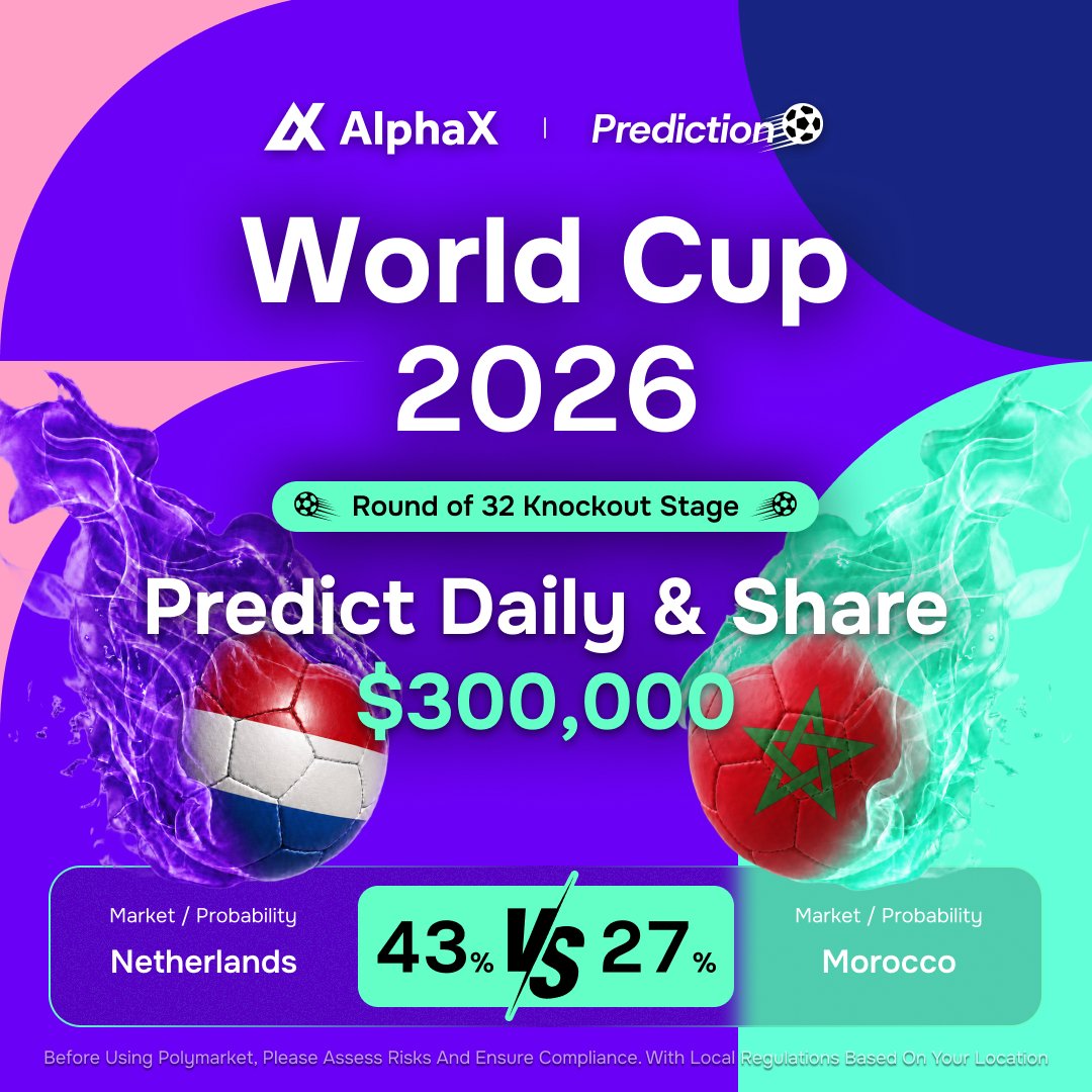 AlphaX_DEX's tweet photo. 🇳🇱 Netherlands vs Morocco 🇲🇦

Dutch total football against Atlas Lions resilience. No margin for error.

🗓 Jun 30 · 01:00 UTC · Round of 32

1️⃣ Follow @AlphaX_DEX
2️⃣ Retweet this post & tag 3 friends
3️⃣ Drop your match prediction screenshot + UID
🎁 5 Winners · 20 USDT each

⚡ https://t.co/0ikY2kjJip