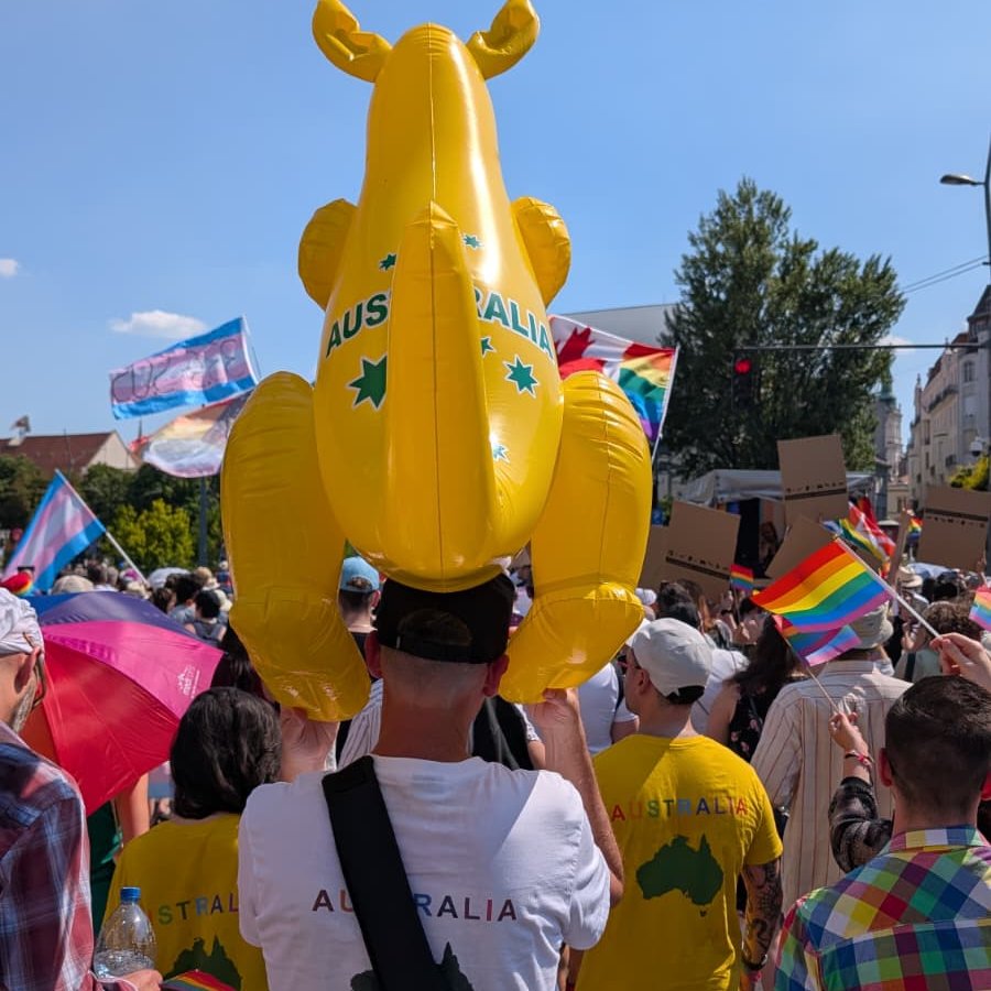 AusAmbVIE's tweet photo. Australia proudly joined @budapestpride 🇦🇺🌈, marching with the #DiplomatsForEquality. Despite temps almost reaching 40°C, we took to the streets to stand up for #LGBTQIA+ rights, #HumanRights4All & #Inclusion – so everyone can live openly, safely & proudly. 🫶 #BudapestPride https://t.co/kBzMI3OHII