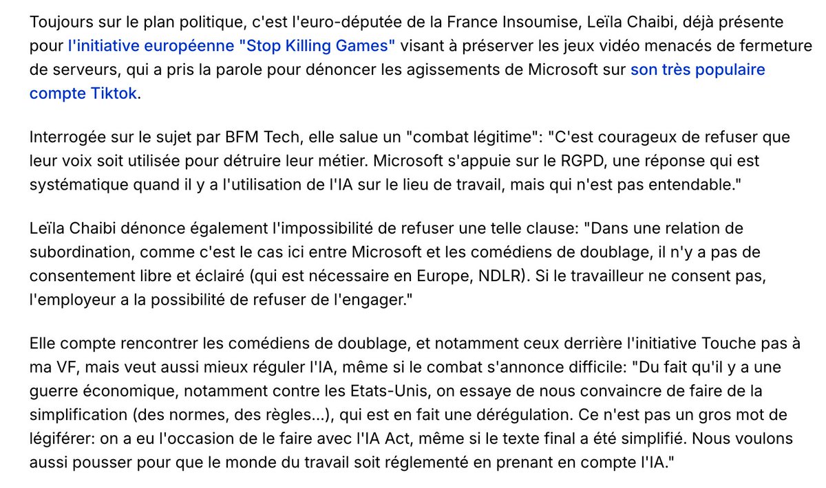 leilachaibi's tweet photo. Des doubleurs de jeux vidéos refusent que Microsoft utilise leur voix pour entraîner une IA qui pourrait les remplacer.

Ils ont raison.

Un employeur ne peut pas invoquer un prétendu consentement dans une relation de subordination.
Il est temps de légiférer sur l'IA au travail. https://t.co/RDGPg9WhVm