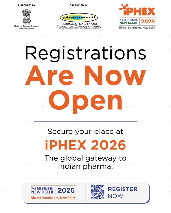 Pharmexcil's tweet photo. Registrations for iPHEX 2026 are now open!  Join leading pharmaceutical companies, connect with global buyers, and explore new business opportunities.  📍 Bharat Mandapam, New Delhi 📷 7–9 September 2026 
Register now: https://t.co/JcEDETpVJz https://t.co/RpyQPe8aLx