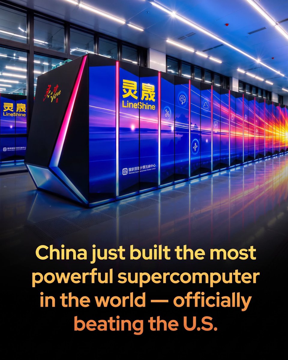 ShiningScience's tweet photo. China has officially beaten the United States — they just created the world’s most powerful supercomputer.

Announced at the International Supercomputing Conference, the newly unveiled LineShine supercomputer achieved a record-breaking 2.198 exaflops of performance. Capable of performing over two quintillion calculations per second, this digital powerhouse can solve calculations in a single day that would take standard computers thousands of years.

 Remarkably, LineShine achieved this milestone using custom Chinese central processing units (CPUs) rather than the graphics processors (GPUs) that typically dominate modern artificial intelligence and high-performance computing systems. Developed by the National Supercomputing Centre in Shenzhen, this all-CPU approach demonstrates a highly efficient, alternative path to exascale power amid strict global chip export restrictions.

This achievement reshapes the geopolitical race for technological dominance, pushing the U.S. government's El Capitan system into second place. Supercomputers are critical national infrastructure, used to model nuclear weapons, simulate extreme climate events, design advanced materials, and train state-of-the-art AI. However, this level of computation requires massive resources; LineShine consumes roughly 42.2 megawatts of electricity, which is enough to power tens of thousands of homes. As the computing landscape moves closer toward the next frontier of 'zettascale' systems, the ongoing rivalry between the U.S. and China will heavily influence the future of global scientific discovery and national defense.

source: TOP500. (2026). LineShine Debuts at No. 1 as the TOP500 Enters a New Global Exascale Era. Top500 News.