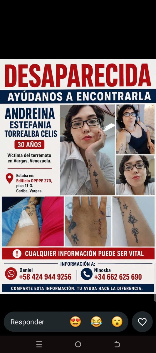 ReporteYa's tweet photo. #28Jun #Venezuela #LaGuaira #Desaparecidos
Familiares solicitan ayuda para localizar a Andreina Estefanía Torrealba Celis, de 30 años, desaparecida tras el terremoto en La Guaira. Fue vista por última vez en el edificio OPPPE 27D, piso 11-3, sector Caribe. https://t.co/iGnfK8BZE3