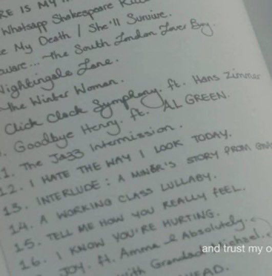 Raye21stcentury's tweet photo. Some titles of unreleased songs spotted in Raye’s notebook during Audemars Piguet’s video for her Montreux Jazz Festival performance. https://t.co/T5dYQXTRAx