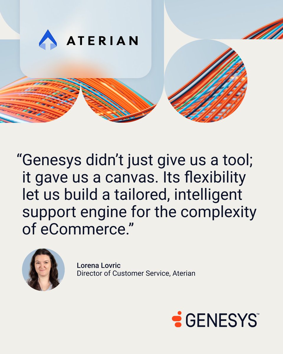 Genesys's tweet photo. From fragmented systems → one AI-powered platform.
Aterian transformed CX with #GenesysCloud:
📉 65% lower costs
📈 30% better SLAs
⏱ Faster email handling
Full story → https://t.co/tHP0MyZBvV https://t.co/HV8XNBBWgd