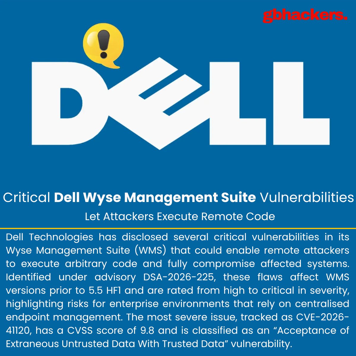 gbhackers_news's tweet photo. ⚠️ Critical Dell Wyse Management Suite Vulnerabilities Let Attackers Execute Remote Code | Source: https://t.co/F3MfWdnoYr #cybersecuritynews https://t.co/6QeShvk7NA