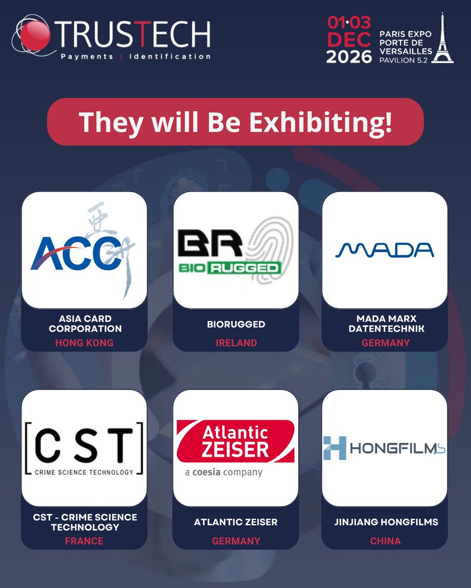 TRUSTECH_Event's tweet photo. BIG NEWS !

We’re excited to welcome #BioRugged 🇮🇪, #AtlanticZeiser 🇩🇪, #AsiaCardCorporation 🇭🇰, #CrimeScienceTechnology 🇫🇷, #MADAMarxDatentechnik 🇩🇪 and #Hongfilms 🇨🇭

Meet these companies from 1 to 3 December in Paris.

Don’t miss out, get your pass 🎟️ https://t.co/ApJWEL3lj3 https://t.co/y87saq49gO