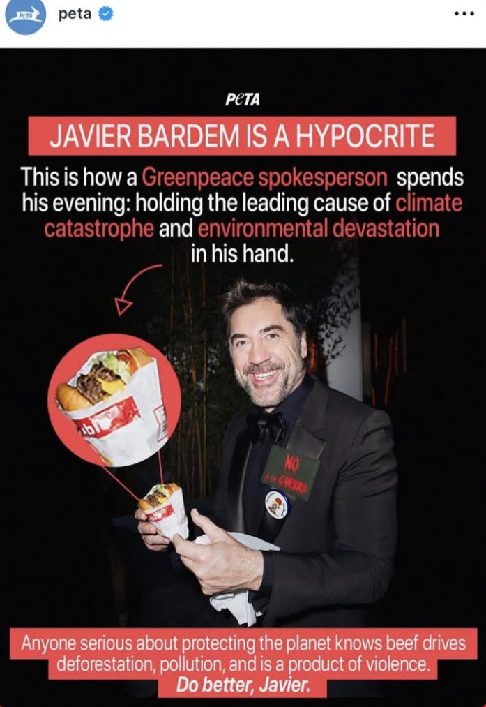 landpalestine's tweet photo. PETA decided to criticize Javier Bardem an anti-genocide climate advocate for eating meat burger 

Now ask if Peta spoke out about the thousands of animals killed by Israel In Palestine https://t.co/uZhhvcGLLZ
