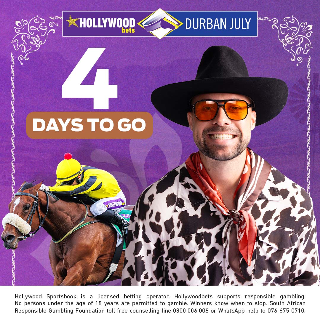 Hollywoodbets's tweet photo. Only 4 Days to Go!

The excitement is reaching new heights! Get ready for an unforgettable celebration of fashion, entertainment, and thrilling racing action at the 2026 Hollywoodbets Durban July.

We're just 4 days away! 💜

#HDJCountryAllure #HDJ2026 #HollywoodbetsDurbanJuly #HWBTWT