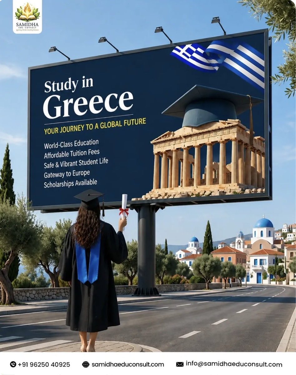 Samidhaedu's tweet photo. Study in Greece

Dreaming of an international degree without the high price tag? Let Samidha Edu Consult guide you towards a bright future in Greece.

Why Choose Greece?World-Class Education 
Affordable Tuition Fees, Living Costs
Safe &amp; Vibrant Student Life. https://t.co/yTiCxaBYQ8