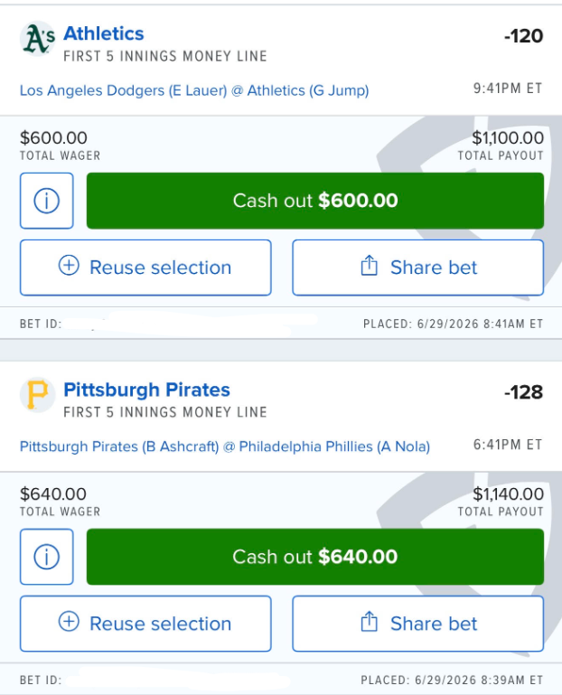 GrindingEddie's tweet photo. Mon Jun 29

MLB:

Athletics F5 -120 (Lauer/Jump)
Pirates F5 -128 (Ashcraft/Nola)
Diamondbacks -128 (Mahle/Rodriguez)
Mets/Blue Jays U-8.5 +102 (Manaea/Yesavage) https://t.co/NHPOq6pahz