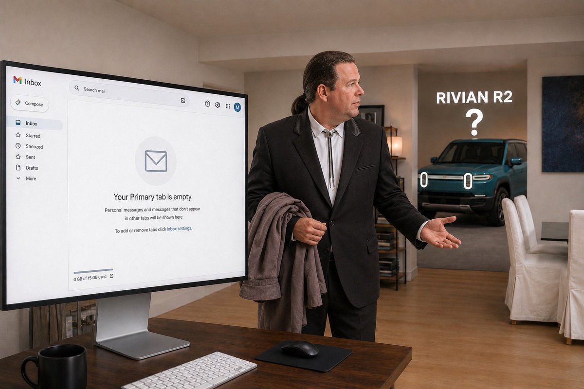 Michael_L_Rauch's tweet photo. Day 21.  Looking at my empty inbox for the @Rivian R2 Email Order Invite like John Travolta in Pulp Fiction.  ✌️ https://t.co/jvmltozbci