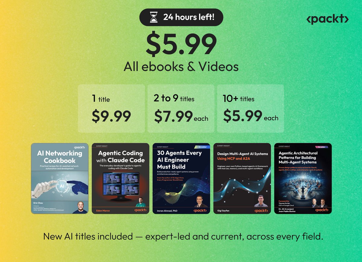 PacktPublishing's tweet photo. your tech bookshelf is judging you 👀  $9.99/title. $5.99 each when you buy 10+.  AI · cloud · security · data · programming  @PacktPub Summer Sale ends in 24 hours.  
grab yours → https://t.co/TXcTjpITn1  #Packt 

#TechLearning #AI #Programming #CloudComputing https://t.co/COqLemSWqY