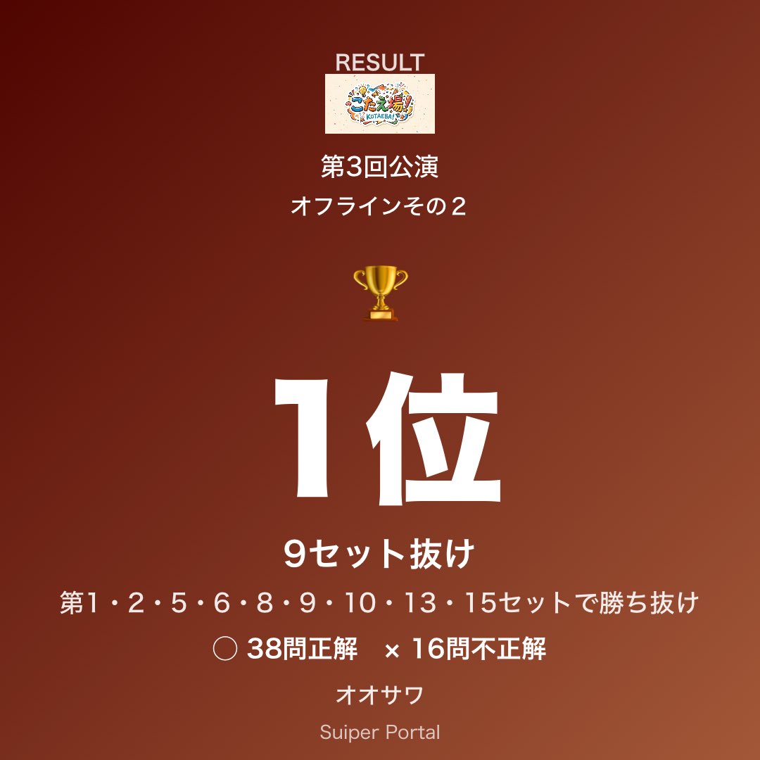 tldrXD's tweet photo. 第3回公演 オフラインその２ の結果：1位 🏆優勝
#こたえ場
元々の面白問題に加え、表示等の触れるところ周りが超バージョンアップしてて凄いことになっていた。スイパーさんはじめ関係各位ありがとうございました〜 https://t.co/TovbdvxYaS