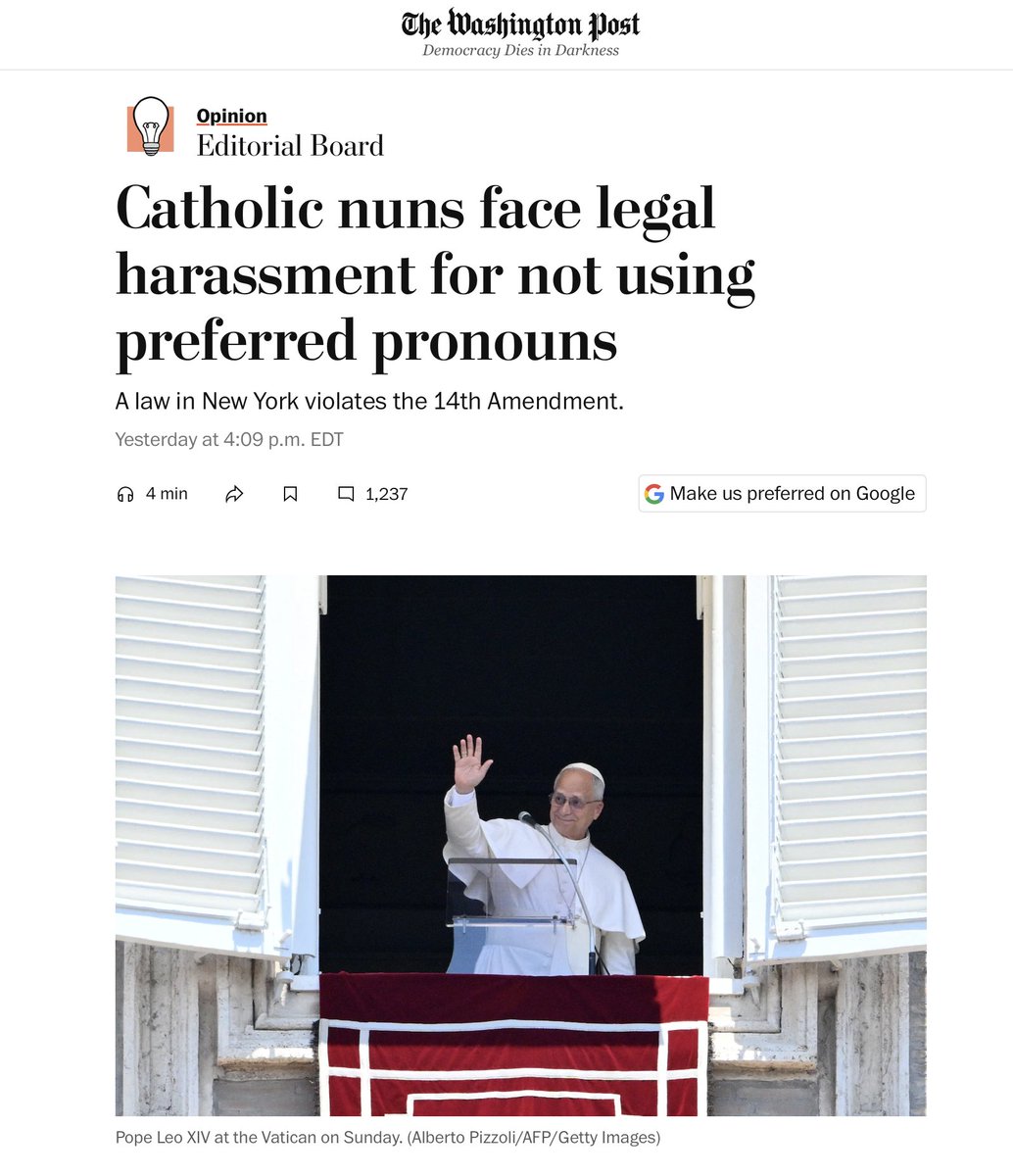JunkScience's tweet photo. New York State celebrates the 250th by trying to force Catholic nuns to use 'preferred pronouns':

"The sisters have received three letters from the state’s health department, in effect, explaining that they’re not complying with provisions of a “Bill of Rights for LGBTQIA+ New Yorkers” that Gov. Kathy Hochul (D) signed in 2023.

"The text stipulates that long-term care facilities must use patients’ preferred pronouns, even when they’re not present; defer to their choice of bathroom; and refuse to assign rooms based on biological sex. Staff must also undergo “cultural competency” training."🙄

https://t.co/PY5Cg8xAII