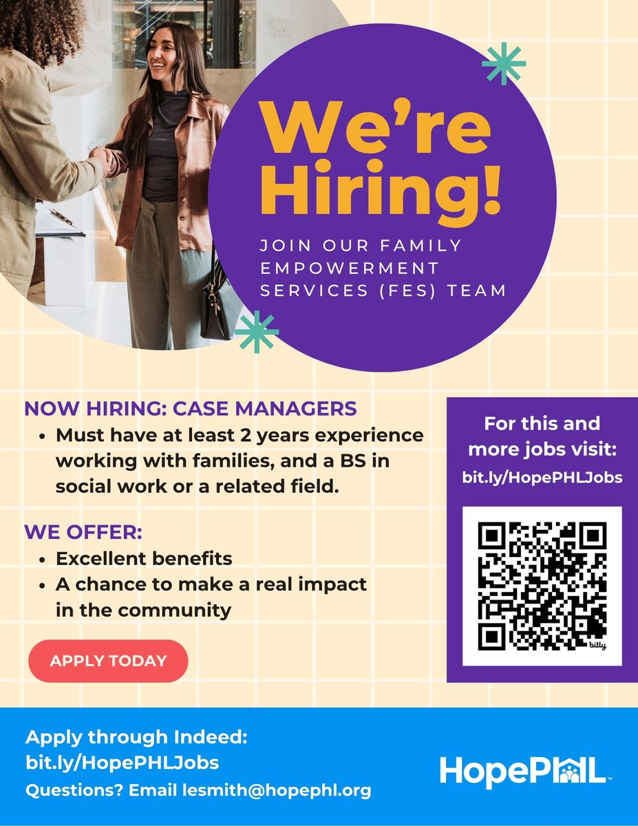 hope_phl's tweet photo. HopePHL is hiring! Join our Family Empowerment Services team as a Case Manager and help make a real impact in the community. Great benefits included! Apply today: https://t.co/6A7udLogjo #PhillyJobs #NowHiring https://t.co/cWUXP9TIBO