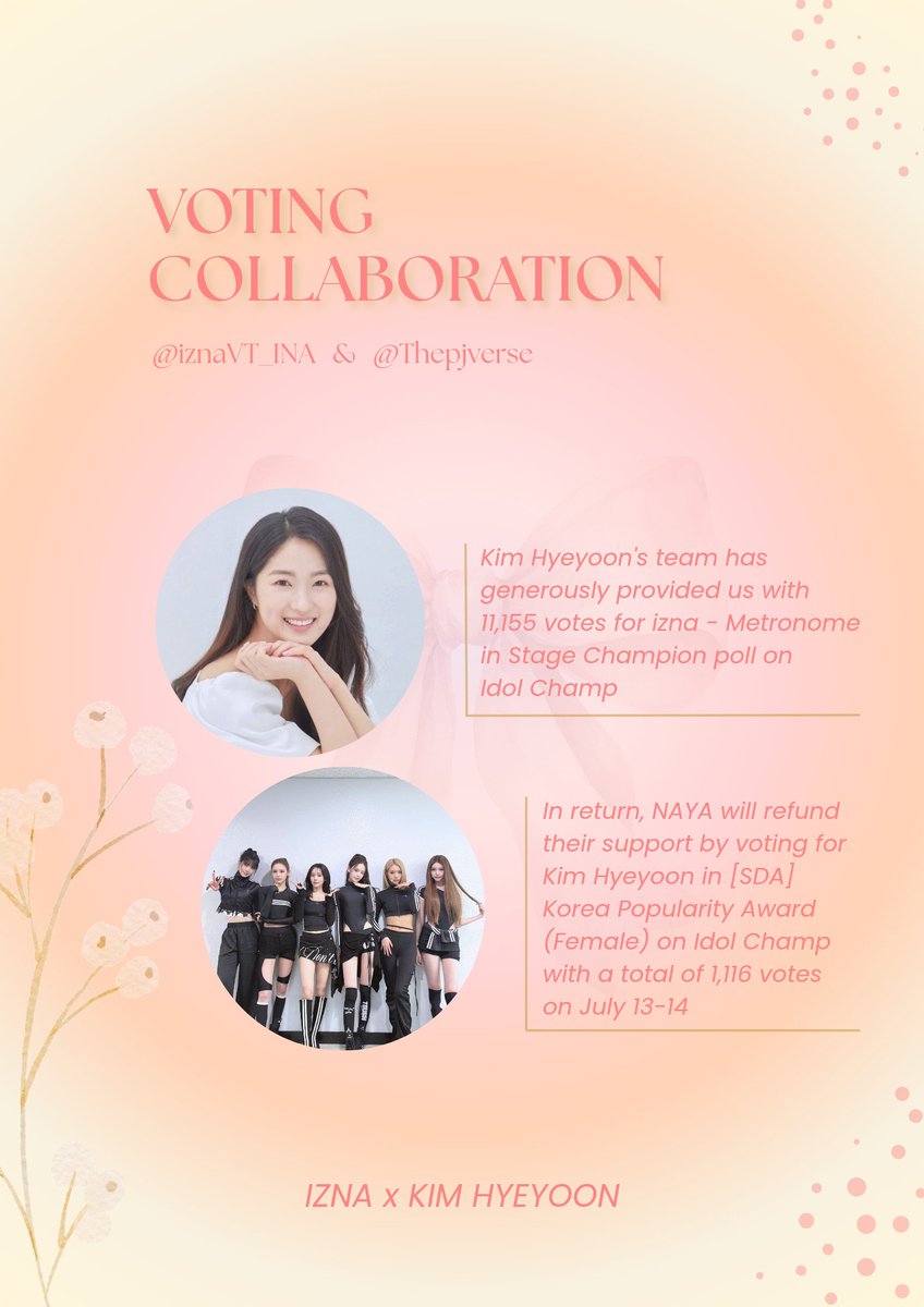 iznaVT_INA's tweet photo. [Voting Collaboration🎀]

Naya, we'd like to inform you about our collaboration with Kim Hyeyoon's team on Idol Champ.

They helped us during Stage Champion voting by using Time Chamsims.

Based on agreement between both teams, the exchange rate is: 5🩵=1🩷

Since they gave us 11,155 votes (equivalent to 111,550🩵), we need to return 22,310🩷, which equals 1,116 votes for Kim Hyeyoon in [SDA] Korea Popularity Award (Female), as each vote requires 20🩷.
https://t.co/33oSMbqB1j

🥰Now it's our turn to return their kindness! So please keep collecting as many rubies as you can every day, and don't forget to 𝗱𝗿𝗼𝗽 𝘆𝗼𝘂𝗿 𝘃𝗼𝘁𝗲𝘀 on 𝗝𝘂𝗹𝘆 𝟭𝟯-𝟭𝟰.

_

Naya, kami ingin memberitahukan kolaborasi kami dengan tim Kim Hyeyoon di Idol Champ

Mereka sudah membantu kita dalam vote Stage Champion kemarin menggunakan Time Chamsim

Berdasarkan kesepakatan kedua belah pihak, ratenya adalah : 5🩵=1🩷

Karna kemarin mereka sudah memberikan kita 11.155 vote atau 111.550🩵, maka total yang harus kita kembalikan adalah 22.310🩷 atau 1.116 vote untuk Kim Hyeyoon di [SDA] Korea Popularity Award (Female), karna 1 vote butuh 20🩷.
https://t.co/33oSMbqB1j

🥰Saatnya kita membalas kebaikan dari mereka. Jadi, tetap kumpulin ruby sebanyak-banyaknya tiap hari ya. Dan 𝗱𝗿𝗼𝗽 𝘃𝗼𝘁𝗲 𝗸𝗮𝗹𝗶𝗮𝗻 pada tanggal 𝟭𝟯-𝟭𝟰 𝗝𝘂𝗹𝗶.

#izna_METRONOME
#izna_SET_THE_TEMPO
#izna #이즈나 #イズナ #Naya #iznaVT_INA @izna_offcl @izna_offcl_jp