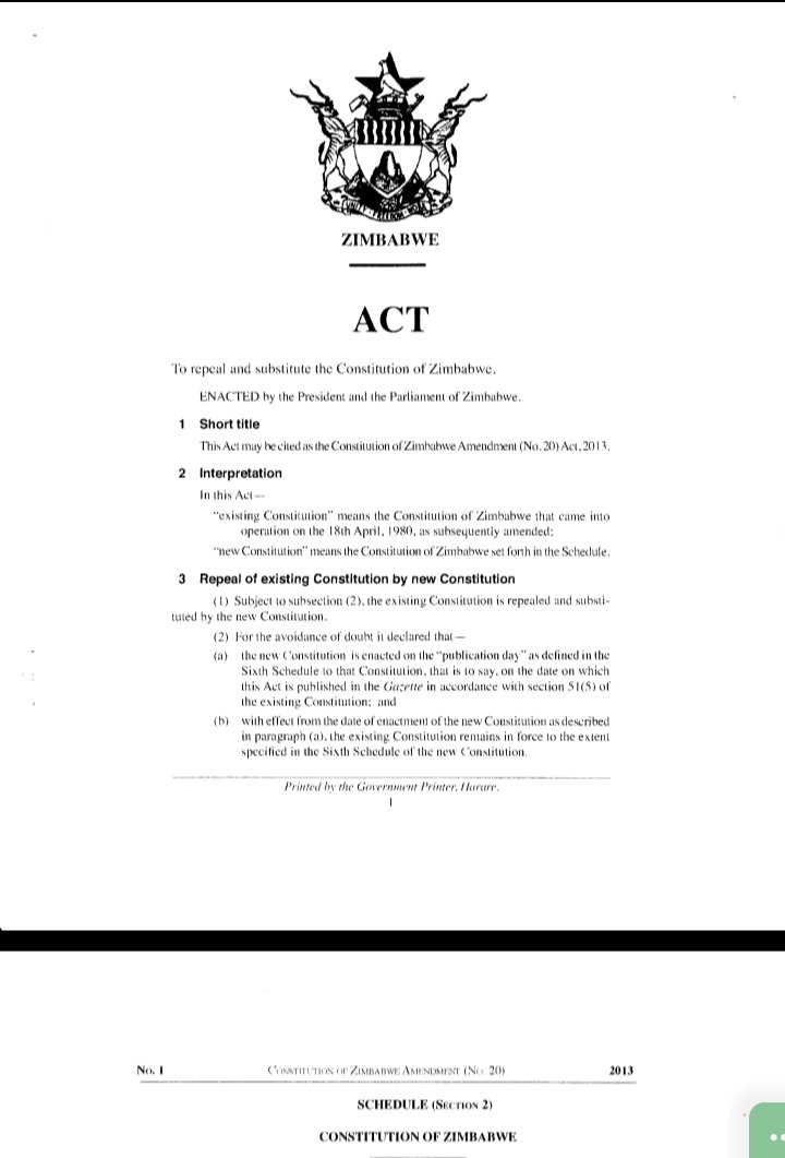 brianmari3's tweet photo. It is true that legislative process be understood. 

Most importantly by ZANU stupids who do not know the difference between Constitution of Zimbabwe and Constitution of Zimbabwe Amendment (No.20) Act of 2013.

Where Constitution of Zimbabwe is a Supreme Law and not a legislation and

Constitution Of Zimbabwe Amendment (No.20) Act of 2013 a legislation with only 3 (three) sections and a Schedule which contains the contents of constitution.

The constitution has 345 sections and 6 schedules.

The constitution in its Preamble, states that "We the people of Zimbabwe..." signifying the authors and

Constitution of Zimbabwe Amendment (No.20) Act of 2013 is clearly stated, "Enacted by President and the Parliament of Zimbabwe.

Referendum was held on 17 March 2013 and people accepted the draft constitution, before the bill that later on became Constitution of Zimbabwe Amendment (No.20) was there and the a notice publishing Bill 20 of 2013 came on 29 March 2013, attaching an already accepted draft constitution that went through referendum as Schedule to the Bill.

Senate and National Assembly voted 2/3 majority for Bill 20 to be Act and not constitution.

If that stick into your brains you will see light