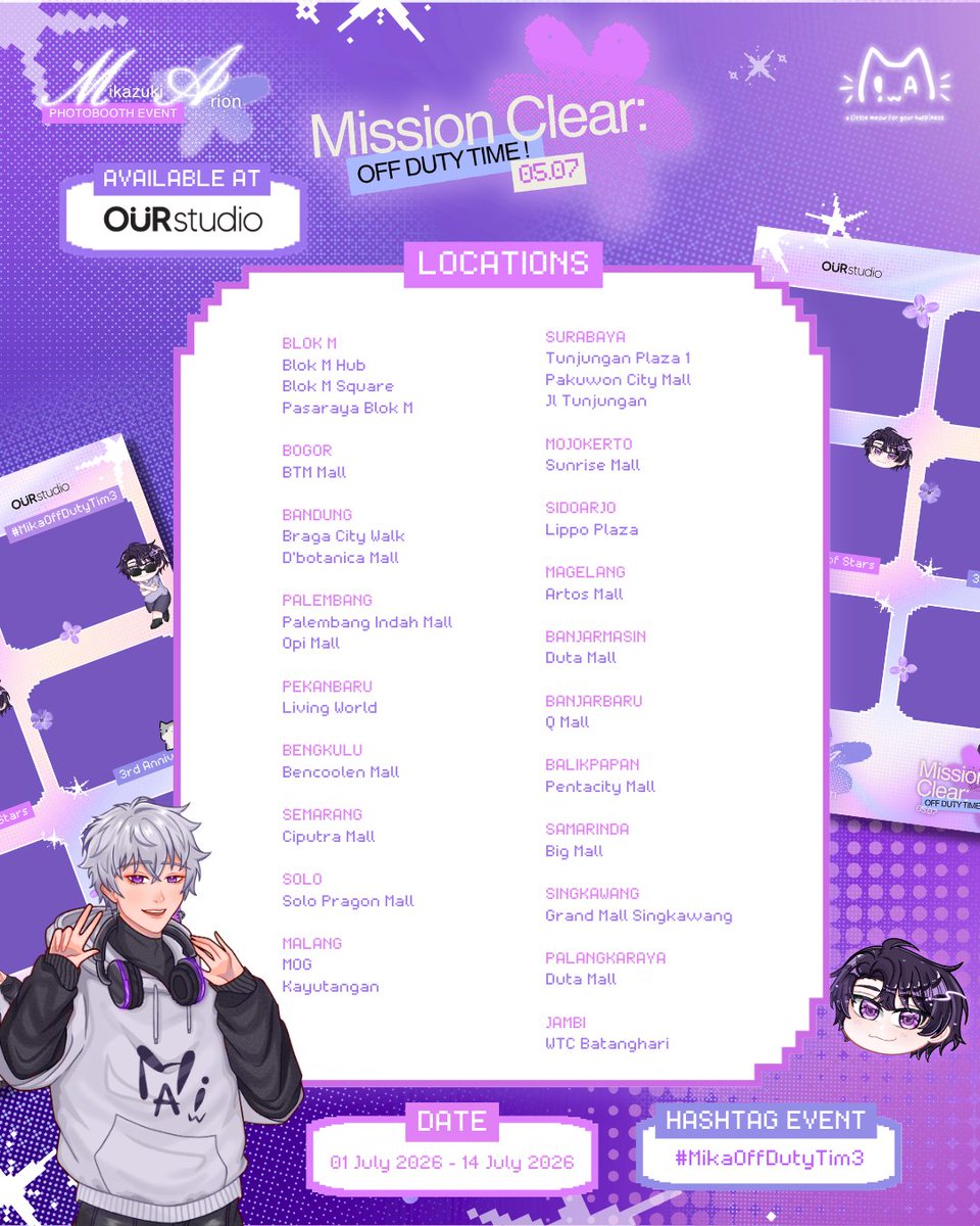 miawproject08's tweet photo. ✧Mission Clear: Off Duty Time!✧
3rd Anniversary Mikazuki Arion FanProject by M!Aw is here! 

Let's celebrate with capture your moment at:
📍@ourselfstudio
📆 1 - 14 Juli 

Don't forget to tag @miawproject08 &amp; @ourselfstudio and use the hastag, meow! 
#MikaOffDutyTim3 https://t.co/euTM7bTFxL