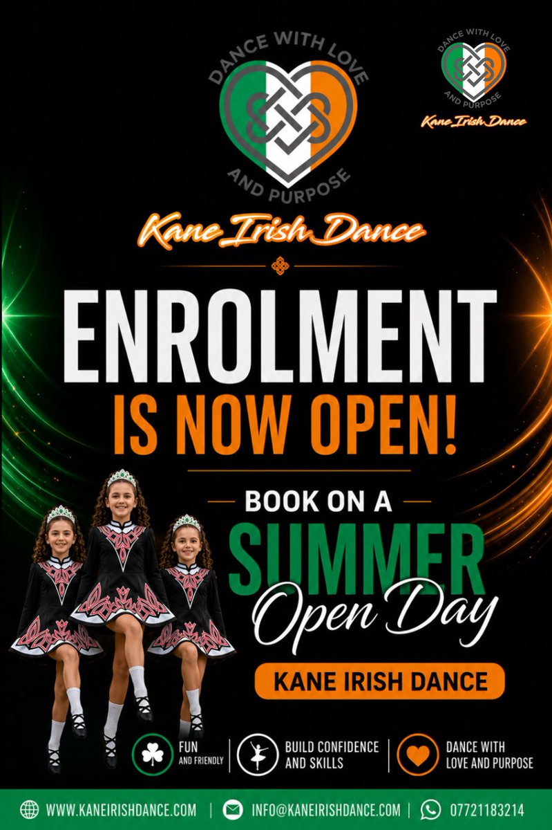 KaneIrishDance's tweet photo. Watch your child build confidence and resilience with us! ☘️ Our IDFA badge and award system makes progress fun. Enrollment is open! Sessions are pre-book only. Call secretary Stephanie at 01484 958726. https://t.co/X4ILSB4t2M #KaneIrishDance https://t.co/0W3OuJNy6x