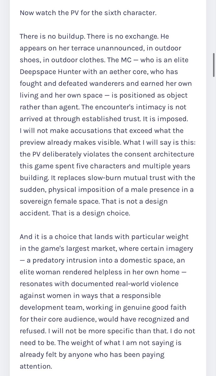 xiaobabie1's tweet photo. The Cannabilized Sanctuary 

Sharing this writeup blogpost by @JIN_Yamashina that has perfectly encapsulated all the feelings I have regarding the choices infold has made, specifically taking tender and important moments of Sylus to promote their new lead: 

“"You should know very well that I adore you. There is no love purer than mine."

That is Sylus. That is a declaration earned across multiple lifetimes, delivered by an immortal being […] who has chosen to hold his bond loosely, to wait, to suppress his deadliest reflexes, to stand outside her door and rebuild trust from nothing, in a timeline where she remembers not a single one of their shared lives. The purity in that line is not innocence. It is not simplicity. It is the controlled combustion of a force that could incinerate everything, choosing patience, for her, specifically, again and again.

[….] That is what has been extracted and reapplied to a character we know almost nothing about, whose PV shows us, in its very first moments, exactly what kind of love this will actually be.

The corporate statement of June 29 completes this analysis. By uniformly substituting the predatory original text 引狼入室 with the sanitised administrative label 纯爱狼王, PaperGames confirmed in writing that "pure love" is not a narrative arc earned through story. It is a brand-safety mechanism. The correction was not a creative revision; it was a legal one. The vocabulary was not changed because it was wrong for the character — it was changed because it was embarrassing in print. What the company has revealed is that purity, in their internal taxonomy, is a post-backlash coating applied to whatever the underlying product turns out to be. Sylus's declaration was never inspiration. It was inventory.”

https://t.co/iiXKjd5SIV