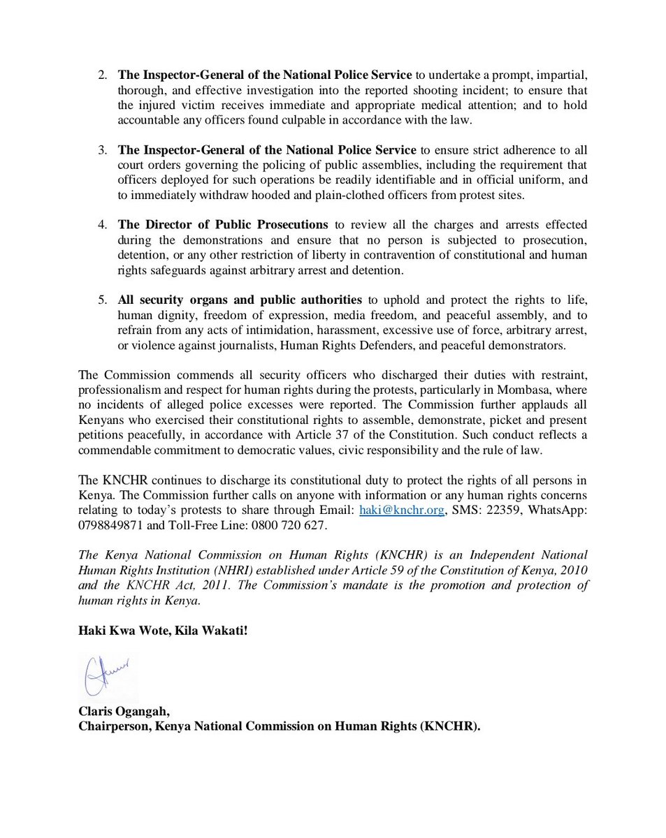 HakiKNCHR's tweet photo. PRESS STATEMENT
Enforced Disappearances, Torture and other Human Rights Violations following the 25thJune 2026 Protests Marking the 2nd Anniversary of the 2024 Gen Z Protests.

This statement documents some of the grave human rights violations that occurred and continue to emerge in connection with the protests. The Commission calls for urgent action and accountability.

Enforced Disappearances.

@HakiKNCHR documented seven (7) incidents of enforced disappearance of peaceful protestors by the police on 25th June 2026. Six (6) protestors: Boniface Mulinge Muteti, Elisha Ochieng Alam, Collins Otieno, Fredrick Ojiro, Christine Alubengo and Michael Ngige, were arrested outside Parliament, bundled in a police truck and driven away. Efforts to trace them were fruitless, as they were not booked in any police station. The police denied holding them despite the arrest having been witnessed on live TV news.
In another incident in Githurai, an unidentified male was forcibly apprehended by unknown 
individuals and taken away in a concealed Subaru vehicle. Another protestor, Davis Lichuma, was found yesterday (28th June 2026) evening, four days after being arrested by the police during the protests. Lichuma, who was visibly traumatized and in a lot of pain, is currently in hospital in Nairobi.
The Commission has also received reports of three other persons; Macmillan Kiarie, Michael Oloo and Abdilaziz Duba, who were allegedly picked by security agencies last week in Nairobi and have since been missing. 

Violation of the Right to Freedom from Arbitrary Arrest and Detention, and Freedom of 
the Media.

The Commission had documented the arrest of three hundred and sixty-one (361) persons across Nairobi, Kajiado, Kiambu, Murang’a, Bungoma, Laikipia, Machakos, Meru, Nyeri, Nakuru and Nyamira counties. 
The Commission notes with concern that, among those detained, were eighteen (18) Human Rights Defenders (HRDs) arrested in Nairobi, Naivasha and Kajiado.
The Commission is further concerned by the arrest and detention of two (2) freelance journalists who were taken into custody while lawfully covering the protests and are currently being held at Central Police Station. 

Freedom from Torture and Security of the Person.

The Commission notes with grave concern the brutality meted by police on a Person with Disability, James Mungai, who was peacefully participating in the demonstrations in Nakuru town. Further, the Commission received reports that one person, Ben Kamiti, was shot in 
Naivasha and was subsequently rushed to a nearby hospital for medical treatment.

Violation of the Right to Freedom of Movement.

On 24th June 2026, the Cabinet Secretary for Interior and National Administration issued a public statement urging Kenyans to report to their places of work on 25 th June 2026 as they 
ordinarily would, notwithstanding the planned demonstrations.
The Commission, however, notes with deep concern that many individuals were unable to access their workplaces due to extensive police barricades erected from the early hours of the morning along major roads and entry points to the Nairobi Central Business District, as well as in Nakuru, Nyeri (Karatina), Machakos (Mlolongo), Laikipia and Embu counties.

Unlawful Use of Force and Failure to Identify Police Officers.

The Commission observed with concern that, notwithstanding a court order requiring police 
officers deployed during public demonstrations to wear official uniforms and remain identifiable,  a number of officers operated in contravention of this directive. Reports received by The Commission indicated the presence of numerous hooded and plain-clothed officers operating from unmarked vehicles in Nairobi, Kitengela, Mlolongo, Githurai and Ruiru.

(READ MORE)