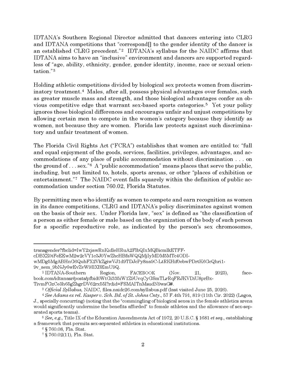AGJamesUthmeier's tweet photo. The upcoming North American Irish Dance Championships in Orlando currently allow men who identify as women to compete in and earn recognition as women.

Florida law protects fair competition for actual women and girls. Sex-based categories are rooted in biological reality, not ideology. My office will take appropriate legal action against any failure to comply.