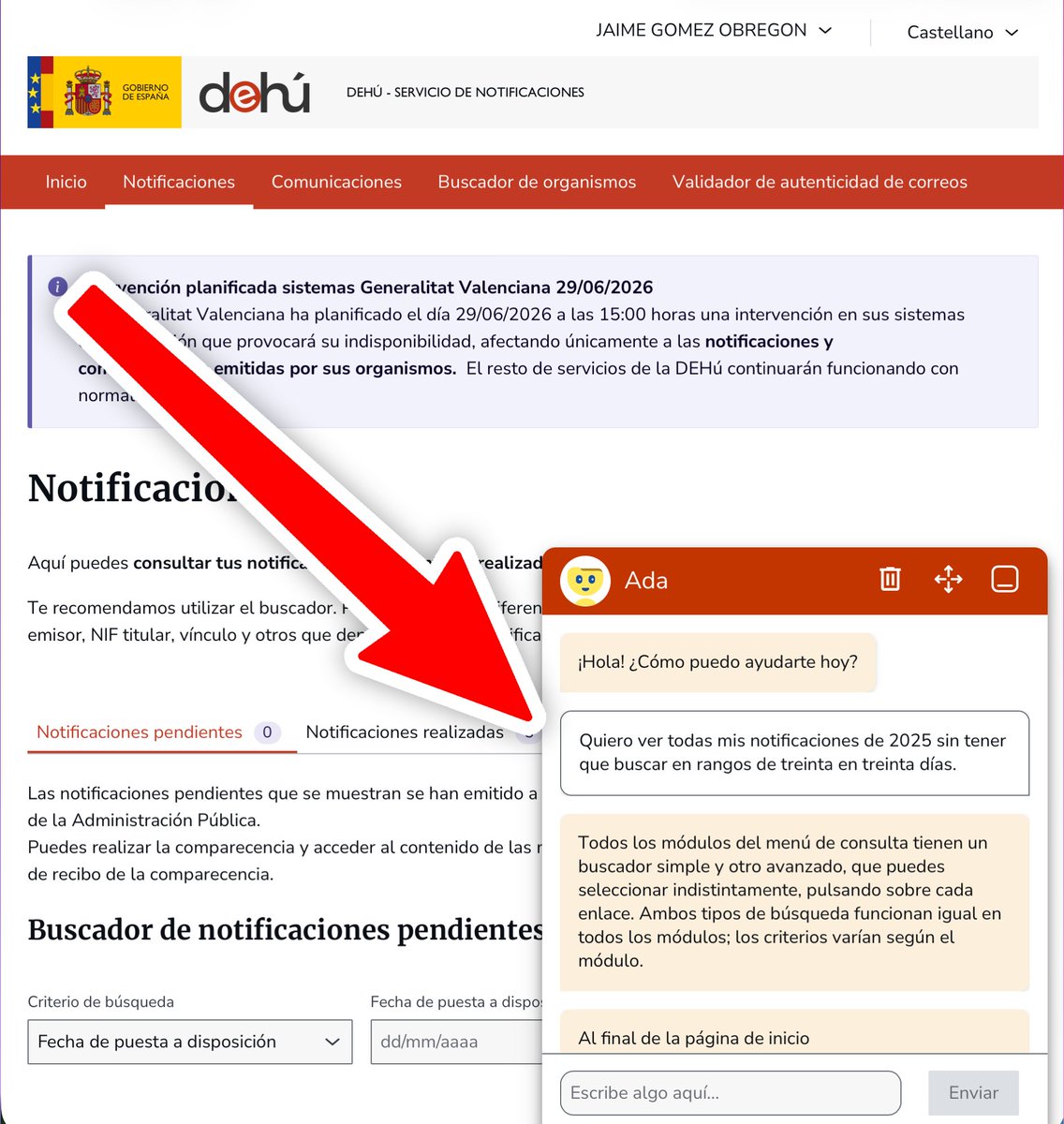 JaimeObregon's tweet photo. Estoy intentando algo loquísimo:

👉 Ver todos los mensajes que me ha enviado un organismo público.

Algo rarísimo, ¿verdad?

Acudo a la Dirección Electrónica Habilitada Única (DEHú), y mis mensajes aparecen separados en dos buzones distintos:

— Notificaciones
— Comunicaciones

¿No puedo ver todo junto, en un único buzón? Pues no. Cada vez que entro tengo que revisar siempre dos buzones diferentes.

Entiendo que es diferente una «notificación» y una «comunicación», pero la inmensa mayoría de autónomos y pymes recibimos unos pocos mensajes en la DEHú. ¿No sería más claro mostrarlos todos juntos en un solo buzón?

Lo peor, sin embargo, está por llegar:

👉 No puedes ver, por ejemplo, «todos los mensajes desde 2023». El buscador permite filtrar por un rango de fechas, pero si indicas un rango de más de 30 días, da error.

¡Tal cual, amigos! 😭

Si estás buscando una notificación antigua pero no sabes exactamente de cuándo es, tienes que hacer muchas pequeñas búsquedas, seleccionando un estrecho rango de fechas cada vez. 🥹

Ni siquiera puedes ver todas tus notificaciones de enero, marzo, mayo, julio, agosto, octubre o diciembre, porque estos meses tienen 31 días, y la DEHú no es capaz de mostrar más de 30.

Como no doy crédito a lo que veo, pienso que soy yo, que me he vuelto senil o ando haciendo algo mal. Así que pregunto a Ada, «el asistente virtual».

Sudores fríos.

¡Nunca en la vida un «asistente virtual» de la Administración pública me resolvió nada! ¿Será distinto ahora?

Pruebo y… Ada no entiende mi pregunta.

Todo esto no me duele por mí. Me duele por los millones de pymes y autónomos que están igual y no tienen el altavoz con 130 000 seguidores que tengo yo para decirle respetuosamente al ministro de Transformación Digital, @oscarlopeztwit, que quiero ver a gente de su equipo en prisión.

¡Somos un país muchísimo mejor que toda esta basura!

Gracias por tanto, Gobierno de España. ❤️