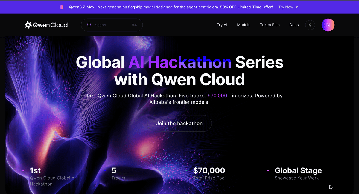 nrqa__'s tweet photo. The first-ever Qwen Cloud Global AI Hackathon is here

$70,000+ in prizes
5 frontier AI tracks
Open to builders worldwide

If you are building with agents, video AI, edge AI, or autonomous workflows, this is your arena: https://t.co/SJyh6EzLzO