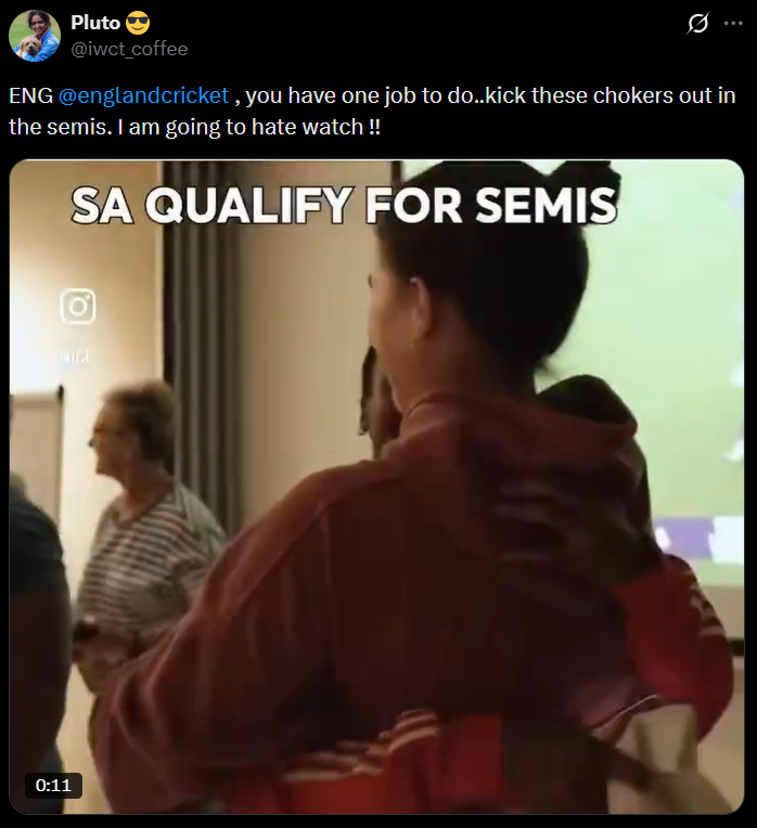 lav_narayanan's tweet photo. Really rich to call South Africa chokers when the team this person is supporting did not even manage to scrape through to the semis.
India isn't the centre of the universe, especially for other teams. Might be a bit hard to grasp as a concept for far too many on here. https://t.co/Pvc2tyahxO
