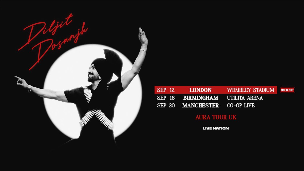 AXS_UK's tweet photo. #AXSNEW 🔥 Punjabi global icon @diljitdosanjh adds more dates to the AURA WORLD TOUR including at @UtilitaArenaBHM on Friday 18th September!

⏰ Presales start Tuesday at 10am
General on sale Thursday at 10am
🎟 https://t.co/YdcEf5QL1B https://t.co/dUh7DOU9ll