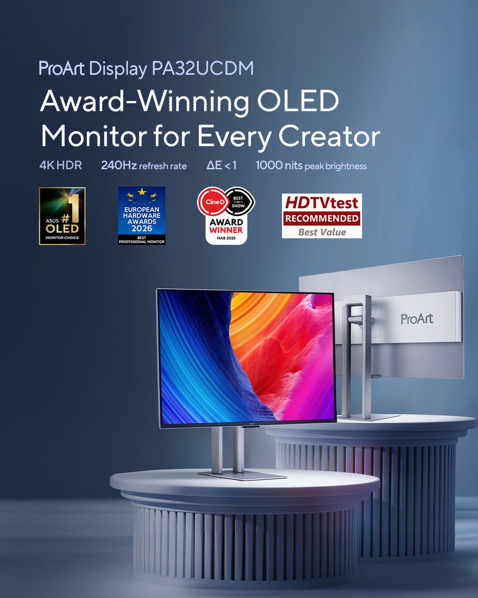 ASUSUK's tweet photo. 🏆Winner of the European Hardware Awards 2026 – Best Professional Monitor!

Experience why the #ProArt PA32UCDM earned industry recognition. 

Featuring a stunning 4K QD-OLED monitor designed for creators who demand nothing less than excellence. 

👇👇👇 https://t.co/QVUceC2LBY
