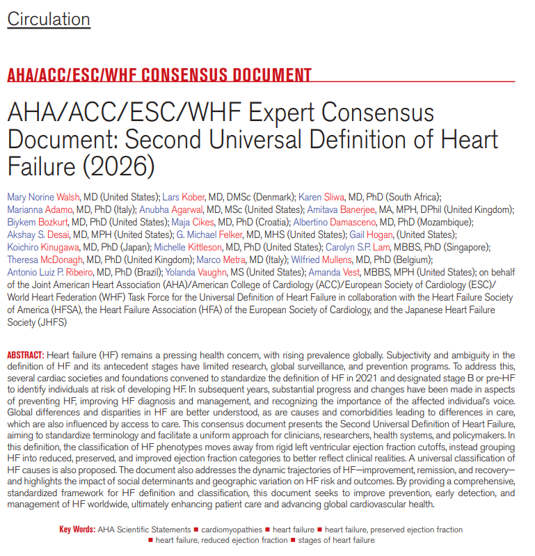 AHAScience's tweet photo. Building on the First Definition of Heart Failure, the Second Definition refines HF staging with sharper stage criteria, emphasizing early detection and individualized risk reduction and introduces the universal classification of HF causes, with explicit acknowledgment of geographic variation in HF risk and outcomes. https://t.co/YDuE4stb5s

This updated document provides a unified, internationally harmonized framework intended to standardize terminology. It addresses changes in disease manifestations, diagnostic strategies, and understanding of pathophysiology.

✍🏼  @MinnowWalsh @KarenSliwa @amibanerjee1 @BiykemB @akshaydesaimd @DukeHFDoc @MKIttlesonMD @lamcardio @WilfriedMullens @NutritionHF