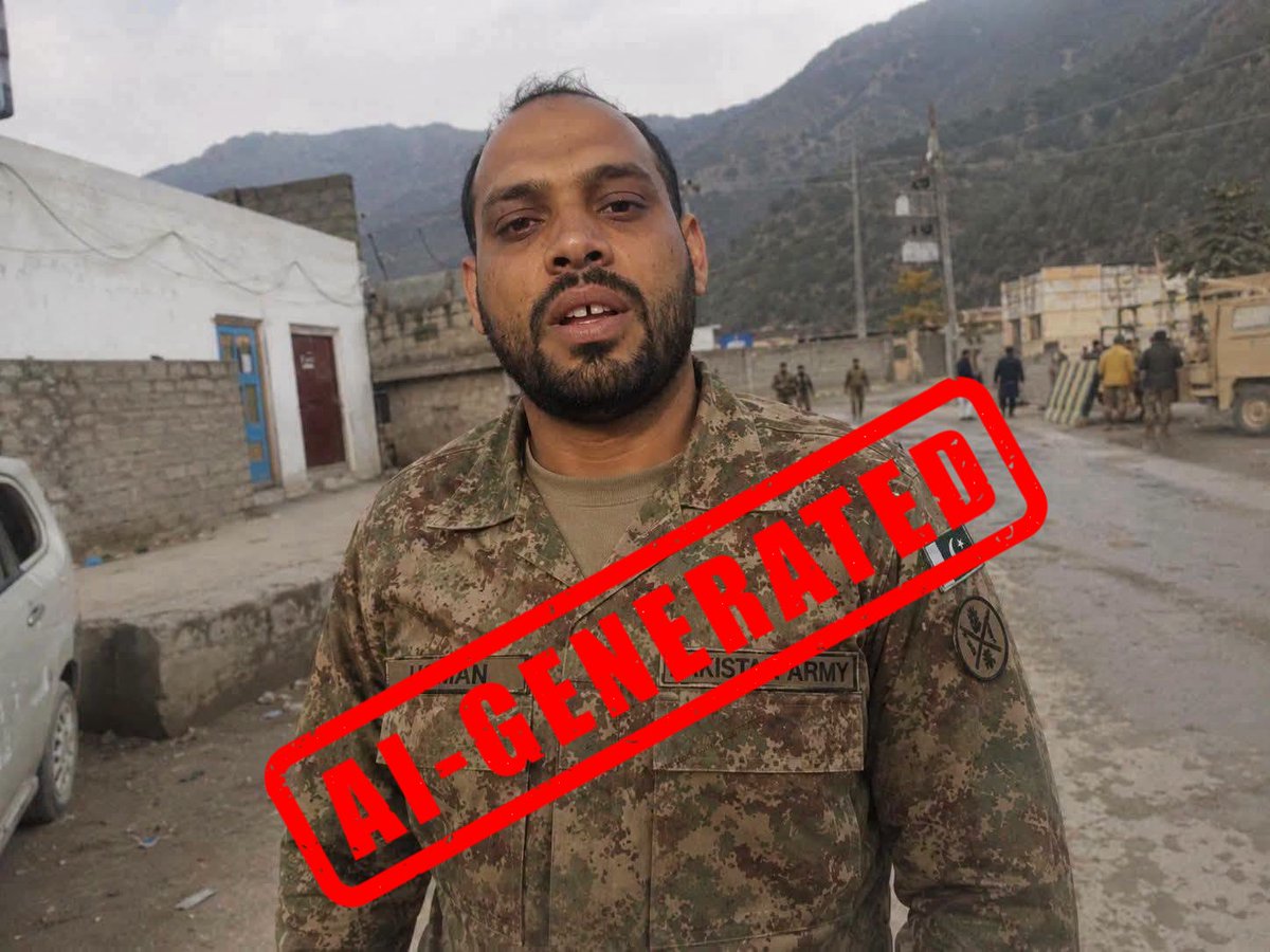 MarkhorTweet's tweet photo. Alert:

A fake picture of an Afghan terrorist in a Pakistan Army uniform, who was captured alive during an operation in Karachi, is circulating by some Indian, Afghan, and PTI accounts.

The image is completely fake and AI-generated. https://t.co/Y237hqI1c4