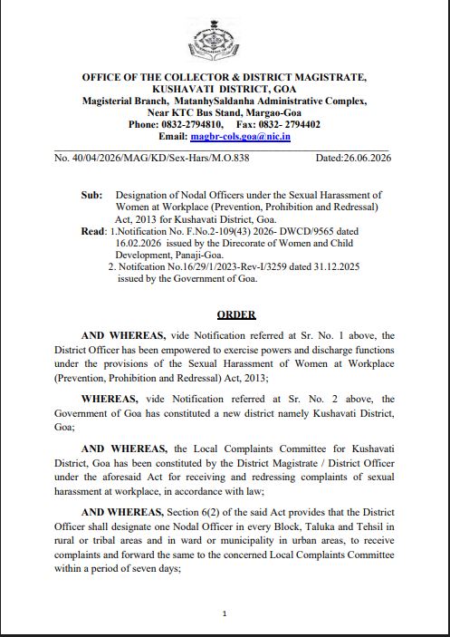 dip_goa's tweet photo. Nodal Officers appointed for  POSH Act, 2013 in Kushavati District https://t.co/S0EfxiNWRv