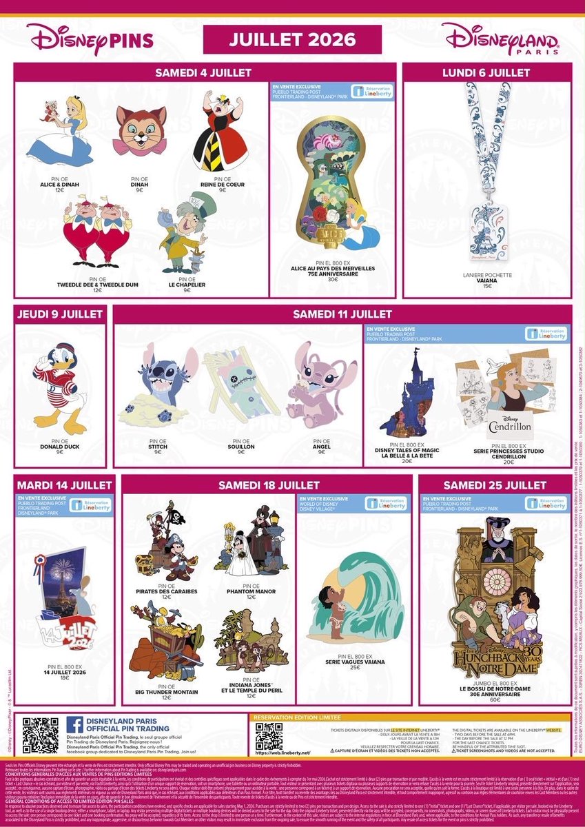 DLPReport's tweet photo. 🛍 Disneyland Paris Pin Releases for July 2026: Alice in Wonderland 70th Anniversary, Attractions series, Bastille Day, Stitch summer and an EPIC Hunchback of Notre Dame 30th Anniversary jumbo pin: https://t.co/BZExFHtgoN