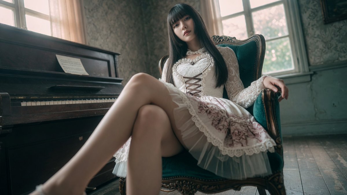 VIBEQUIRKLABS's tweet photo. The same prompt gives completely different perspectives in the two modes.
I don’t really get how Speed Mode works 😅
#GrokImagine #Qualitymode #Speedmode
Prompt :
Create a photorealistic editorial portrait of one 20-year-old Japanese or Korean female portrait subject, tall slim-curvy hourglass body, long legs, narrow waist, rounded hips, cool editorial face, sharp features, calm high-fashion presence, long straight hair with full Japanese bangs, smooth silhouette, soft black-tea brown hair.
Scene: The portrait takes place in old British piano room, upright piano, sheet music stand, worn wood floor, muted wallpaper, piano bench, side wall details, indoor late-afternoon daylight environment, bright softened room illumination, warm-neutral daylight spread, mellow exterior brightness if visible, cool window-side rim light on the subject, side-edge illumination from a nearby window, clean cool contour separation, soft shadow-side falloff, Scene priority: keep the selected environment readable with clear spatial context.
She wears gothic Lolita rose-print dress outfit, corset bodice, lace-up front, heart-shaped neckline, sheer lace sleeves, voluminous skirt, tulle underskirt, ruffle trim, the main dress fabric in white.
She is lounging on an ornate single velvet armchair with leg-cross seated arrangement; both hands resting naturally along the body or on a nearby support surface; chin slightly raised.
The composition uses worm's-eye view, ultra-low upward camera, strong near-far scale distortion, 0-degree front view, frontal torso toward camera.
glossy Japanese portrait color grade, lifted midtones, creamy pale highlights, warm peach skin-tone protection, cyan-green shadows, vivid saturation, clean deep blacks, natural photographic detail, coherent fabric construction, clear facial readability, realistic spatial depth, do not add visible text unless explicitly requested.