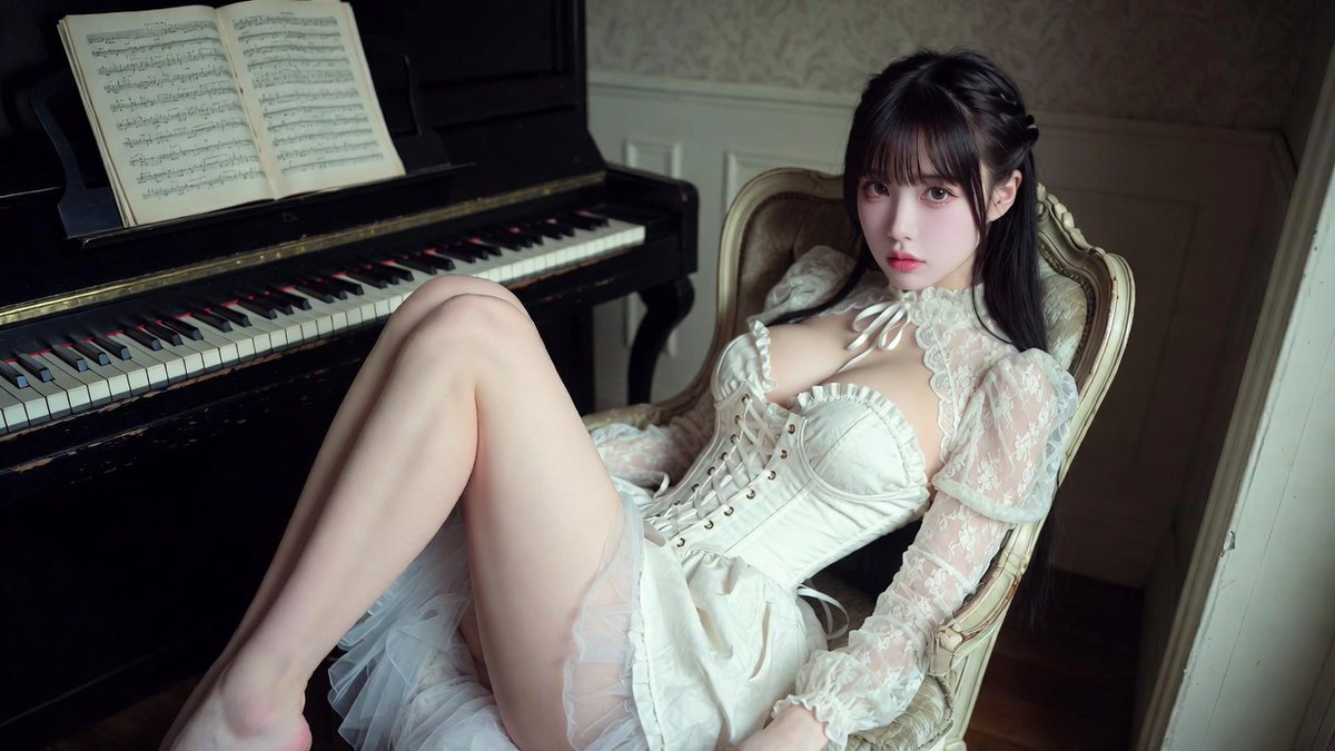 VIBEQUIRKLABS's tweet photo. The same prompt gives completely different perspectives in the two modes.
I don’t really get how Speed Mode works 😅
#GrokImagine #Qualitymode #Speedmode
Prompt :
Create a photorealistic editorial portrait of one 20-year-old Japanese or Korean female portrait subject, tall slim-curvy hourglass body, long legs, narrow waist, rounded hips, cool editorial face, sharp features, calm high-fashion presence, long straight hair with full Japanese bangs, smooth silhouette, soft black-tea brown hair.
Scene: The portrait takes place in old British piano room, upright piano, sheet music stand, worn wood floor, muted wallpaper, piano bench, side wall details, indoor late-afternoon daylight environment, bright softened room illumination, warm-neutral daylight spread, mellow exterior brightness if visible, cool window-side rim light on the subject, side-edge illumination from a nearby window, clean cool contour separation, soft shadow-side falloff, Scene priority: keep the selected environment readable with clear spatial context.
She wears gothic Lolita rose-print dress outfit, corset bodice, lace-up front, heart-shaped neckline, sheer lace sleeves, voluminous skirt, tulle underskirt, ruffle trim, the main dress fabric in white.
She is lounging on an ornate single velvet armchair with leg-cross seated arrangement; both hands resting naturally along the body or on a nearby support surface; chin slightly raised.
The composition uses worm's-eye view, ultra-low upward camera, strong near-far scale distortion, 0-degree front view, frontal torso toward camera.
glossy Japanese portrait color grade, lifted midtones, creamy pale highlights, warm peach skin-tone protection, cyan-green shadows, vivid saturation, clean deep blacks, natural photographic detail, coherent fabric construction, clear facial readability, realistic spatial depth, do not add visible text unless explicitly requested.