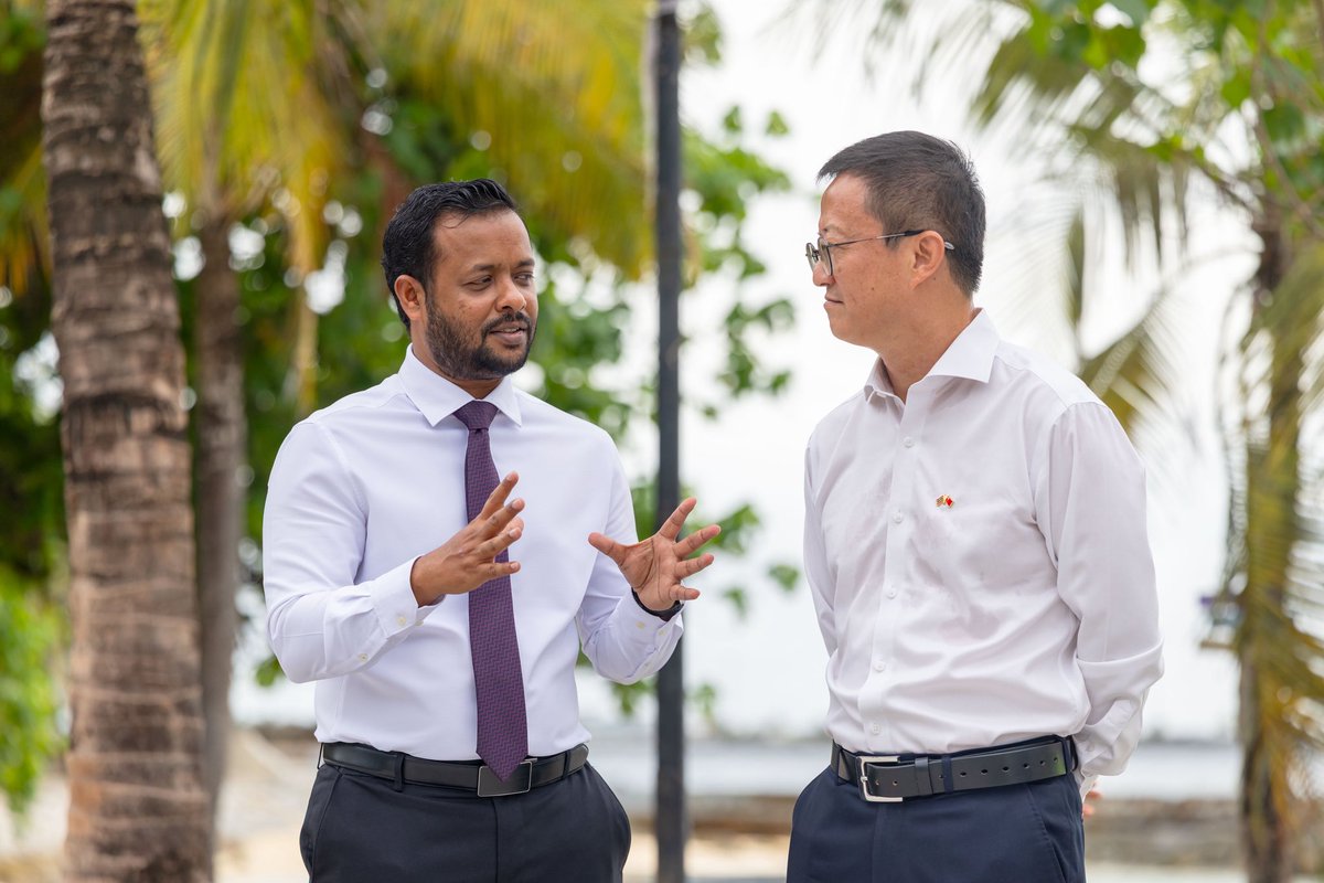 MIHUDmv's tweet photo. Minister Dr. Abdulla Muththalib and H.E. Ambassador Kong Xianhua, Chinese Ambassador to the Maldives, visited the Male’ and Vilimale’ Road Redevelopment Project site today, where survey works for the detailed road design are currently underway under China Aid. https://t.co/rjou9eu40B