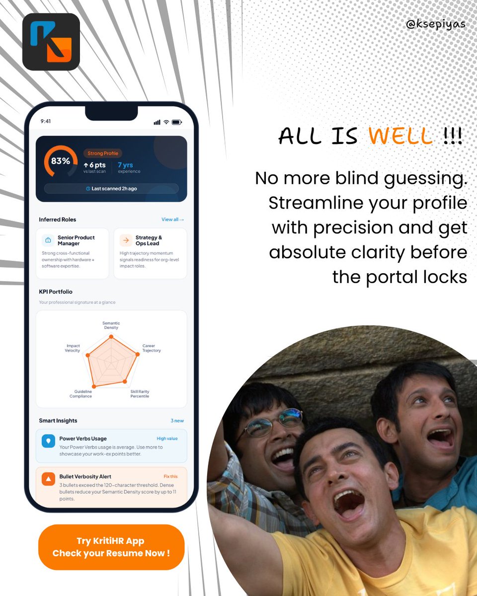 ksepiyas's tweet photo. Every IIM student knows the late-night panic of the 2-week resume marathon.

Stop comparing &amp; guessing. Meet KritiHR - your 24/7 personal career companion.  Optimize your profile without judgement.

Test your profile - https://t.co/Y9QwglGQEG

#IIMPlacements #KritiHR https://t.co/jEBtVVjVOV