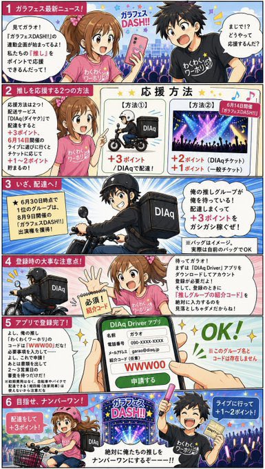 garafes1's tweet photo. 🎯🎯🎯

DIAq PRESENTS ガラフェスDASH!!〜推して運んでWORKING HOLIDAY〜
中間発表（2026年6月29日現在）📣📣

🎤エントリーアーティスト
愛♡きゃっち
あ！恋見つけちゃいました…♡
AZの理由
GaCHU!!!
ギガLOVEアップビート
幻奏リフレクション
Sure
滄茫RESONICA
白地図プロローグ
Bright Charm
PRiYAnCeR
Maboroっち
Milky Doll
れんてつ

【連動企画】
推して運んでトップをめざせ！

期間中にポイントを集めると、推しが8月開催『ガラフェスDASH!!』出演やキャンペンガール就任に！🎉

合計ポイントがトップの勝利グループは…
👑6月30日（火）時点の1位
8月9日（日）開催『ガラフェスDASH!!』（上野）出演権獲得！

👑7月31日（金）時点の1位
株式会社セルフィットが展開する商品のキャンペーンガール就任！

詳しくはこちらから‼️
🔗 https://t.co/0QUDU2v4m8

@AiCatch_  
@koimitu_info 
@az_reason 
@GaCHU_info 
@gigalove_upbeat 
@g_reflection 
@sure_lohas 
@SB_RESONICA 
@HCPL_official 
@BrightCharm_BC 
@PRiYAnCeR_ 
@maborocchi_info 
@milky_Doll2025 
@renketsutetsudo 
@Chopstick084
@m_ohnodaisuke 
@tigetnet