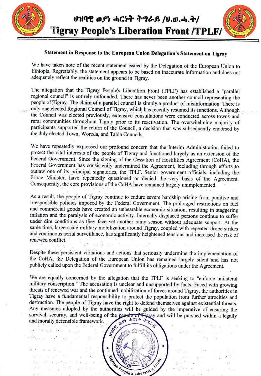 WegahtaFacts's tweet photo. #Tigray: The TPLF has rejected accusations by the @EUinEthiopia that it established a parallel regional council and is conducting forced military recruitment in Tigray, calling the accusations inaccurate and detached from realities on the ground.

Read full statement below👇🏾 https://t.co/myIVnaIyvk