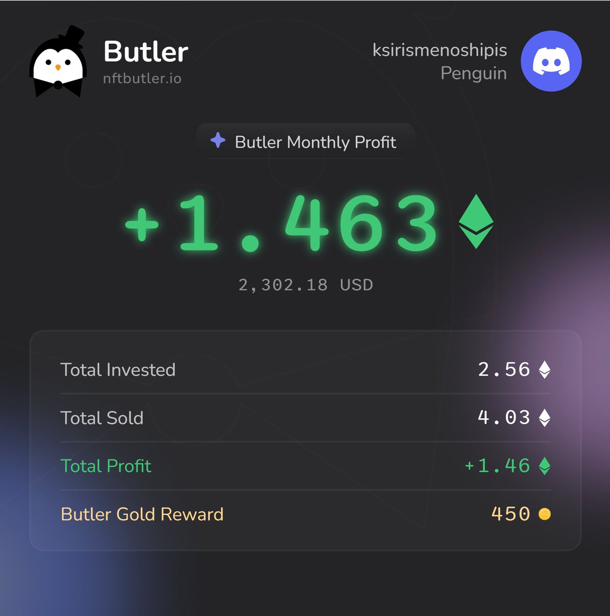 PKaktos's tweet photo. 1.463 Ξ in profit made in the last 29 days using @nftbutler 💰📈

Sharing on X to grab my extra 450 Butler Gold 🟠
Bidding’s a breeze with NFT Butler in my arsenal!  🐧

#NFT #NFTCommunity #NFTButler

https://t.co/Y3ZHmDxHz6 https://t.co/xIyRUaYhJo