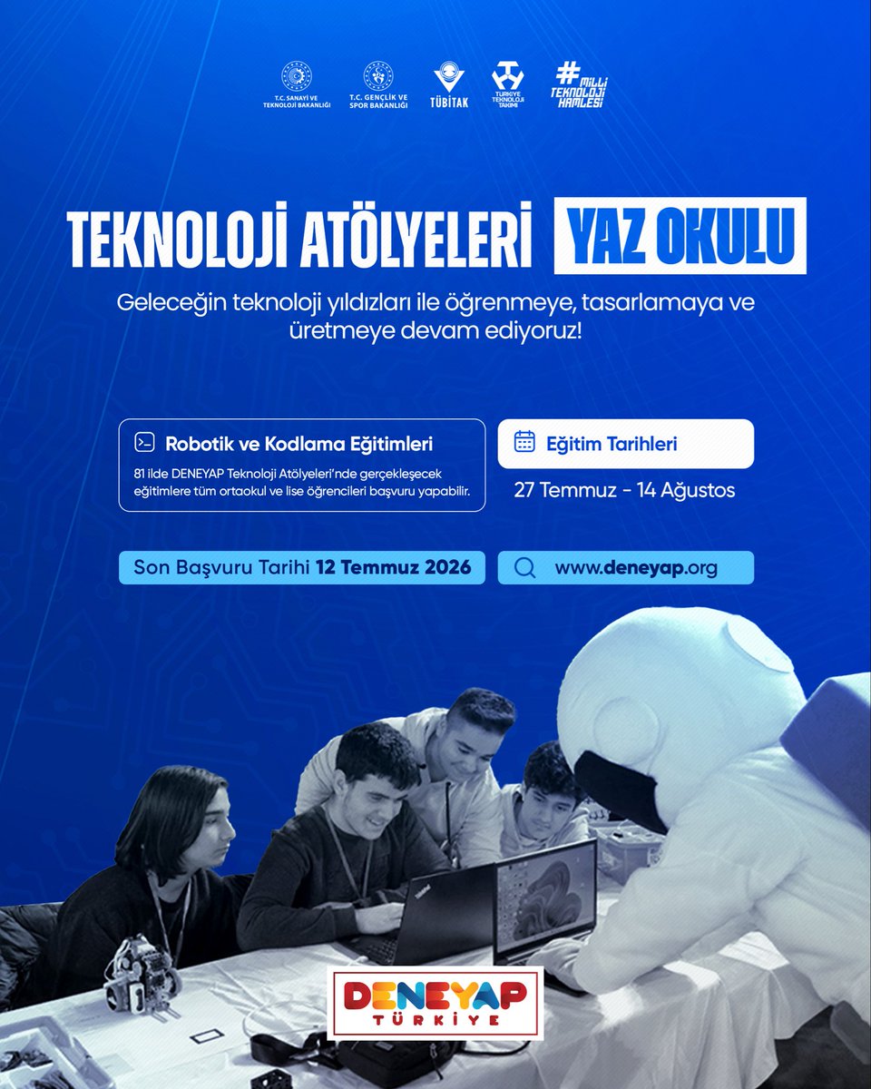 mfatihkacir's tweet photo. Yaz tatilini bilim ve teknoloji ile dolu dolu geçirmek isteyen öğrencilerimizi @Tubitak yaz etkinliklerine davet ediyoruz. 

Keşfetme, öğrenme, tasarlama ve üretme heyecanı yaz boyunca devam edecek.

🔬 TÜBİTAK Bilim Merkezleri Yaz Akademileri

🤖 DENEYAP Teknoloji Atölyeleri Yaz Okulu

⚙️ Millî Teknoloji Atölyeleri Yaz Okulu

⛺️ TÜBİTAK Bilim Kampları

☕️ TÜBİTAK Bilim Söyleşileri ve Kafede Bilim Etkinlikleri

📚 TÜBİTAK Popüler Bilim Yayınları 

ile bu yazı da birlikte, eğlenerek ve öğrenerek geçireceğiz!

Detaylı bilgi: https://t.co/zBoOid4DFc