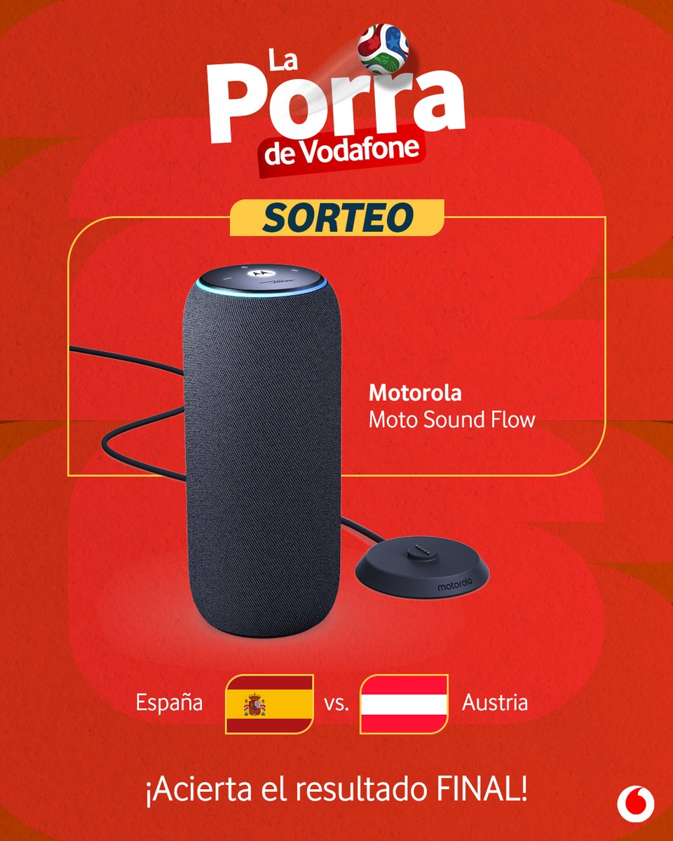 vodafone_es's tweet photo. 🎁 SORTEO IV #LaPorraDeVodafone ⚽️ Podrás ganar este altavoz Motorola Moto Sound Flow.
⁣
Para participar:⁣
⁣
🔺 Sigue a @vodafone_es
🔺 Haz RT
🔺 Comenta con el resultado exacto del partido España - Austria.
⁣
¡Muchísima suerte! 🇪🇸 ⁣

Encuentra este altavoz y muchos más productos con ofertas exclusivas de verano en el catálogo de la App Mi Vodafone.⁣